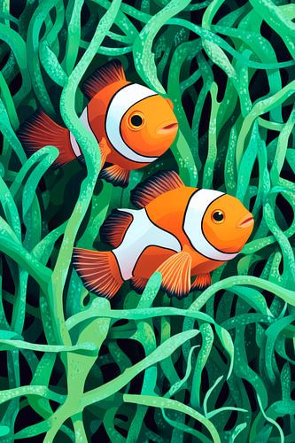 Bunte Clownfische im Seegras
