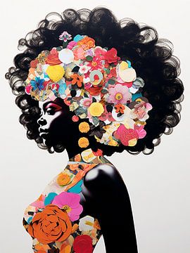 Een vrouw met kleurrijke bloemen in haar haar. van Laila Bakker