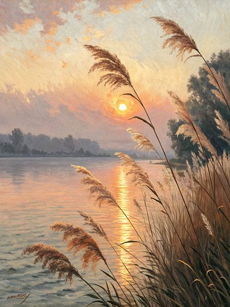 Sérénité à l'heure d'or : Un coucher de soleil au bord d'un lac par Artistic