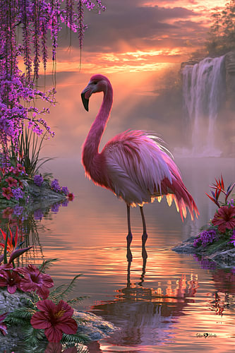Flamant rose et fleurs tropicales sur Gelissen Artworks