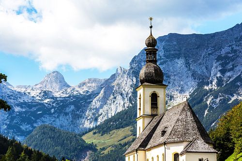 Ramsau near Berchtesgaden -Parish church St- Sebastian with mountain panorama