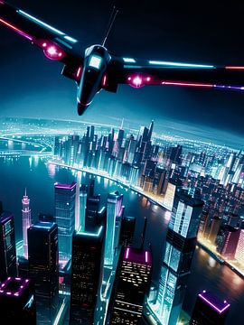 Een futuristisch vliegtuig boven een moderne stad van Retrotimes