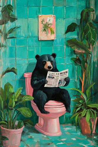 Bear reads newspaper in the bathroom by Poster Art Shop