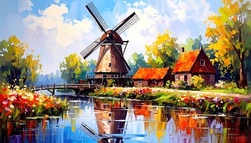 Oude windmolen in het zomerlicht: een stille schildwacht boven huizen met rode daken, een brede rivier met een spiegelend oppervlak, bloeiende weiden en een zacht gebogen houten brug in tijdloze rust