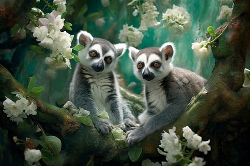 Ringstaartmaki’s in Groen - Sprookjesachtige Dierenkunst