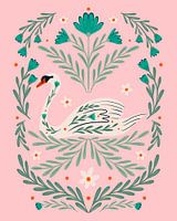 Volkskunst zwaan - roze en groen
