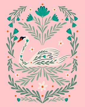 Folk art swan - pink and green by Angela Minca