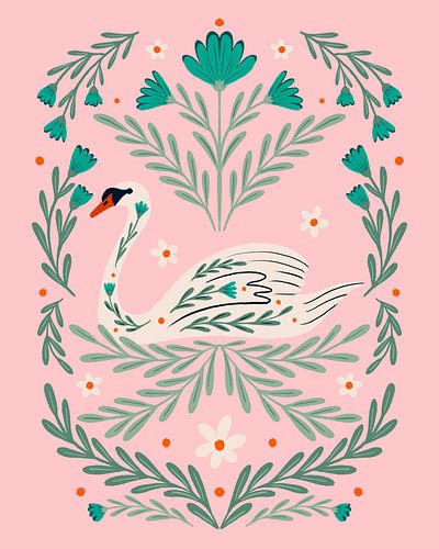 Folk art swan - pink and green