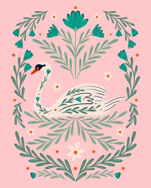 Folk art swan - pink and green by Angela Minca