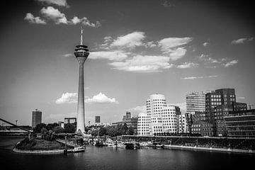 Düsseldorf Media Harbour and Rhine Tower black and white by Dieter Walther