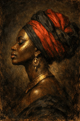 Golden Grace – Elegante afrikanische Frau mit rotem Kopftuch – Luxuriöses goldenes Porträt – Zeitlose afrozentrische Wanddekoration
