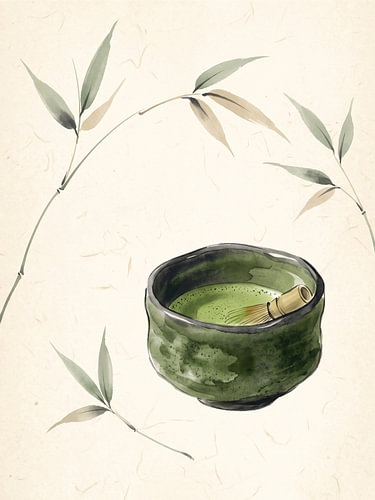 Élégant bol à matcha entouré de gracieuses feuilles de bambou, en parfaite harmonie