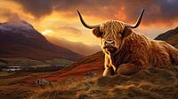 Schotse Hooglander koe bij zonsondergang