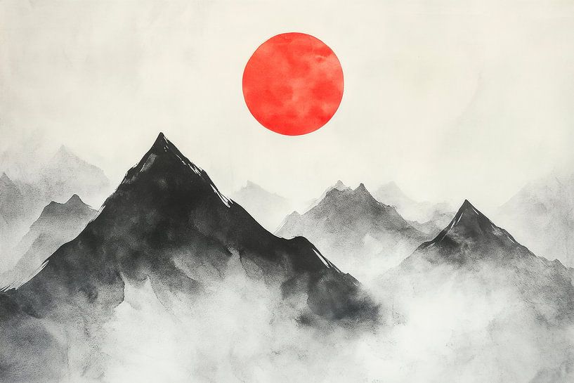 Mountain landscape with red sun by Poster Art Shop