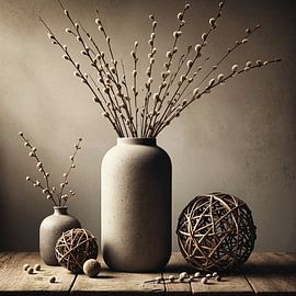 Stille Takken – schilderij met vaas en katjes op houten tafel van Kleurenrijk