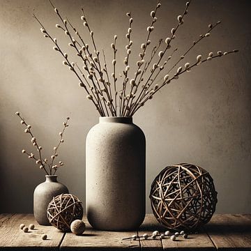 Silent Branches - painting with vase and kittens on wooden table by Kleurenrijk