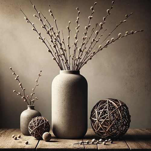 Stille Takken – schilderij met vaas en katjes op houten tafel