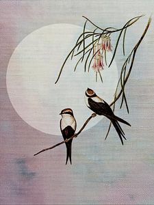 Gemälde von Sereen Vogel: Zwei Vögel auf einem Ast bei Vollmond