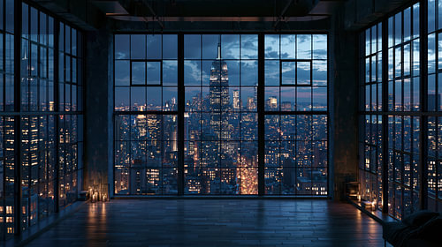 Venster op New York – Minimalistisch Industrieel Raam met Skyline