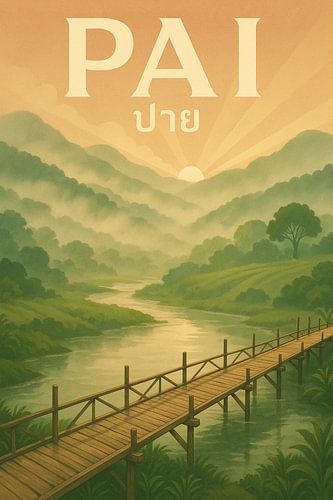 Pai Misty Valley - Houten Brug & Berg Zonsopgang Art Print
