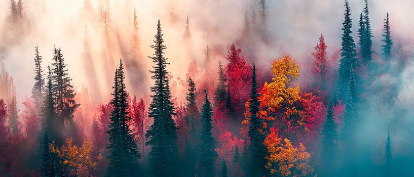 Autumn forest in the fog - Colourful by Poster Art Shop