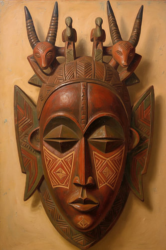 Erdmaske in Terrakotta-Farben – Antilope und Vogel-Kopfschmuck-Maske