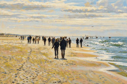 „Die Küstenwanderungen“: ein modernes Gemälde, das Wanderer am Strand von Noordwijk bis nach Den Haag zeigt
