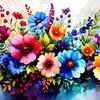 Motif floral riche en fleurs, aquarelle sur AidasignArt