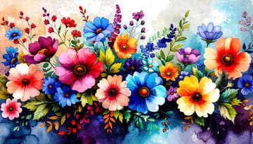 Motif floral riche en fleurs, aquarelle sur AidasignArt