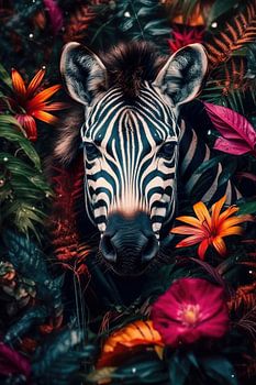 Zebra surrounded by flowers