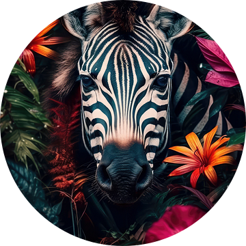 Zebra omringt door bloemen van Digitale Schilderijen