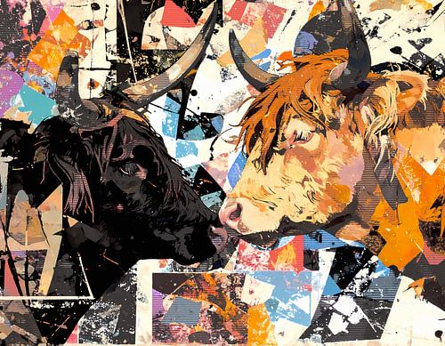 Twee schotse hooglander koeien met koppen bij elkaar