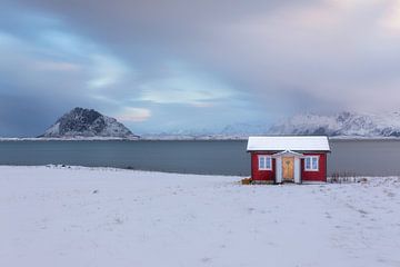 Rote Hütte mit gelber Tür im Schnee