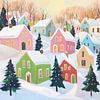 Verschneites Dorf mit Weihnachtsbäumen von Wunderbare Kunst