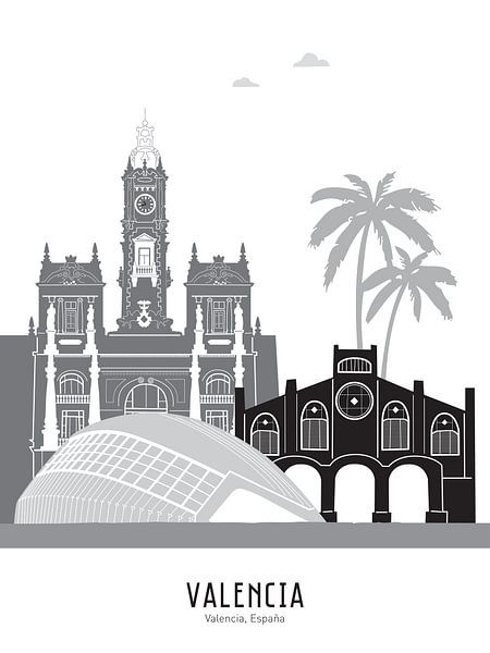 Illustration de la ligne d'horizon de la ville de Valence, Espagne, en noir et blanc-gris par Mevrouw Emmer