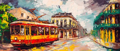 Tram in een kleurrijk stadslandschap