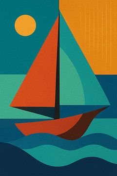 Een geometrische illustratie van zeilboot. van Johannes