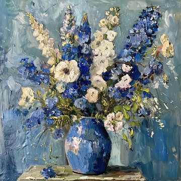 Vase Blumen in Farbe blau und weiß Impressionismus von Natasja Haandrikman