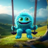 Cheerful blue monster on a swing