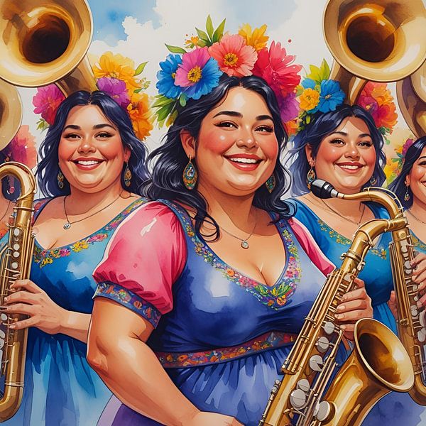 3 femmes sociables avec un saxophone par De gezellige Dames