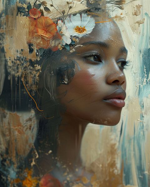 Modern portrait "Flower girl", in orange and gold by Carla Van Iersel