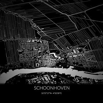 Carte en noir et blanc de Schoonhoven, en Hollande méridionale. sur Rezona