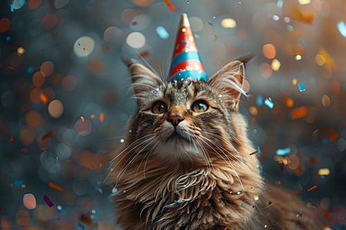 Grappige kat viert verjaardag met feestmuts en taart