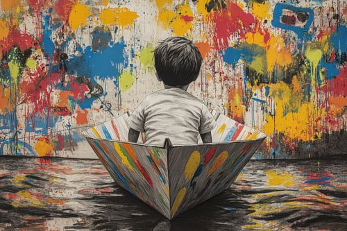 Jongen in papieren boot - Speels urban street art
