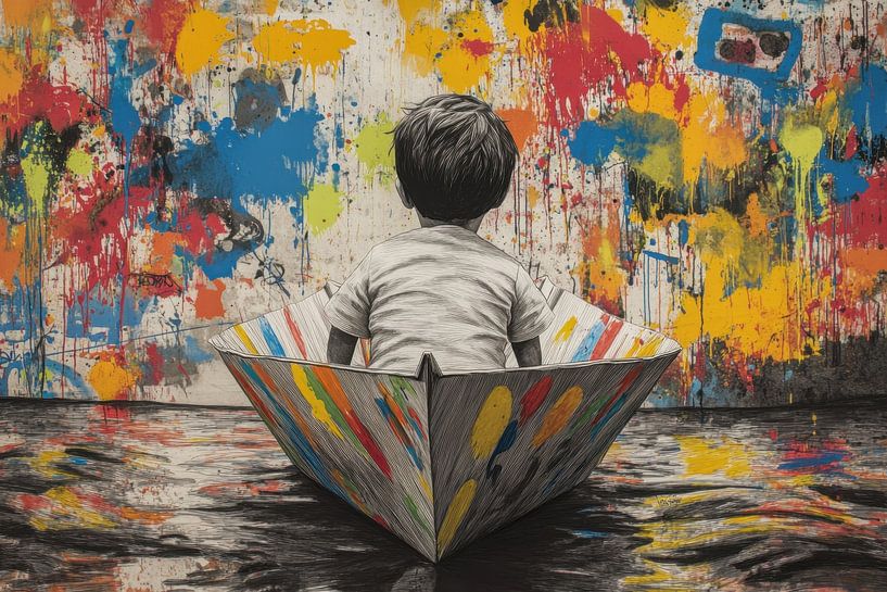 Boy in paper boat - Playful urban street art by BowiScapes abstract and digital art
