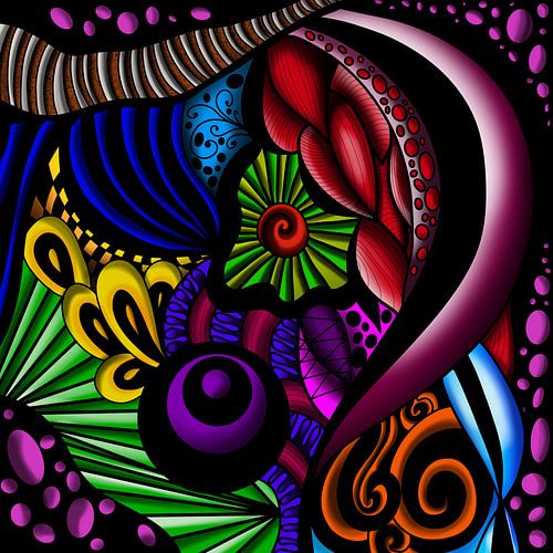 Abstracte kleurrijke cendoedel op zwarte achtergrond