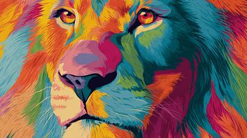 Leeuw Popart Portret in Regenboogkleuren van Eva Lee
