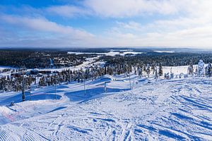 Landschaft mit Schnee und Bäumen im Winter in Ruka, Finnland