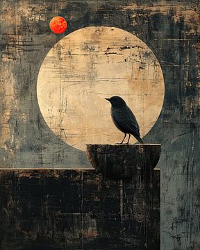 Modern Stilleven Vogel | Crimson Orb Vigil van Kunst Kriebels