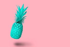 Design turquoise blue pineapple fruit floating on a pink backgro by Elles Rijsdijk
